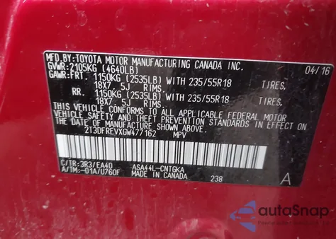 2016 Toyota Rav4 Limited z USA, uszkodzony, nr VIN 2T3DFREVXGW477162